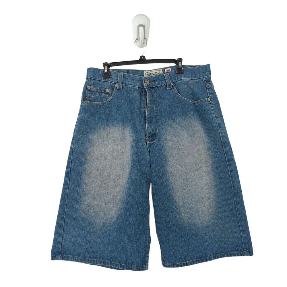 Chams Men 36 Jean Shorts Blue Denim Baggy Wide Leg Embroidered Streetwear Y2K